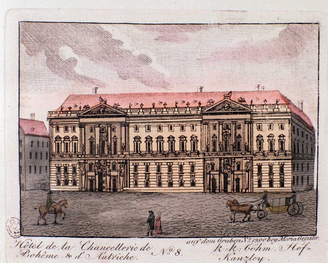 Utsikt over hotellet til kanselliet i Böhme og Østerrike i Wien, Østerrike. Gravering fra 1815 privatsamling av Unknown artist