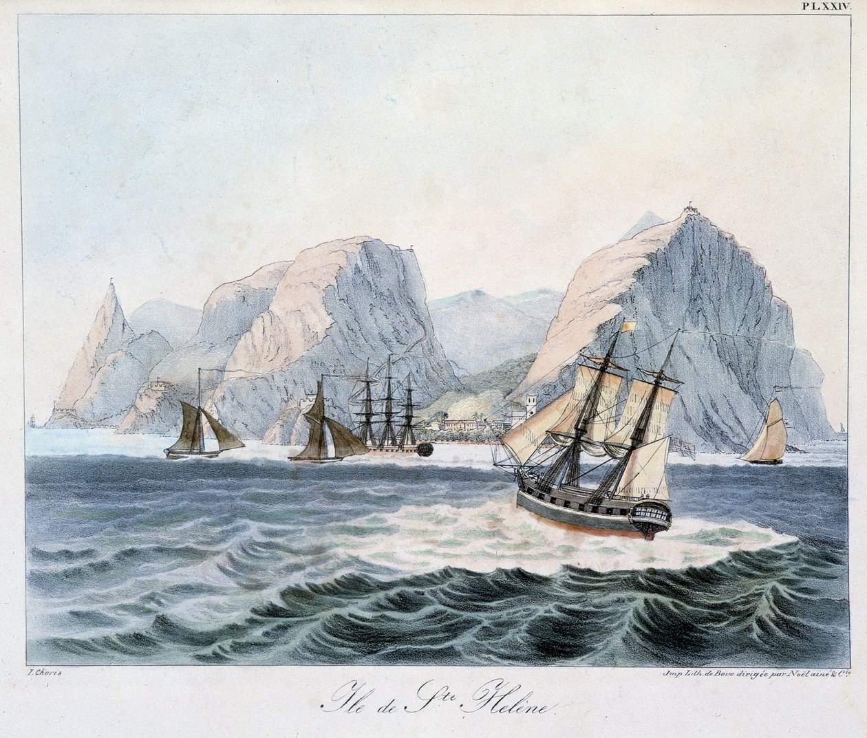 Utsikt over øya St. Helena i "" Views and Landscapes of the Equinoxial Regions, Samlet i en reise rundt i verden"", sd. tidlig på 1800-tallet av Unknown artist