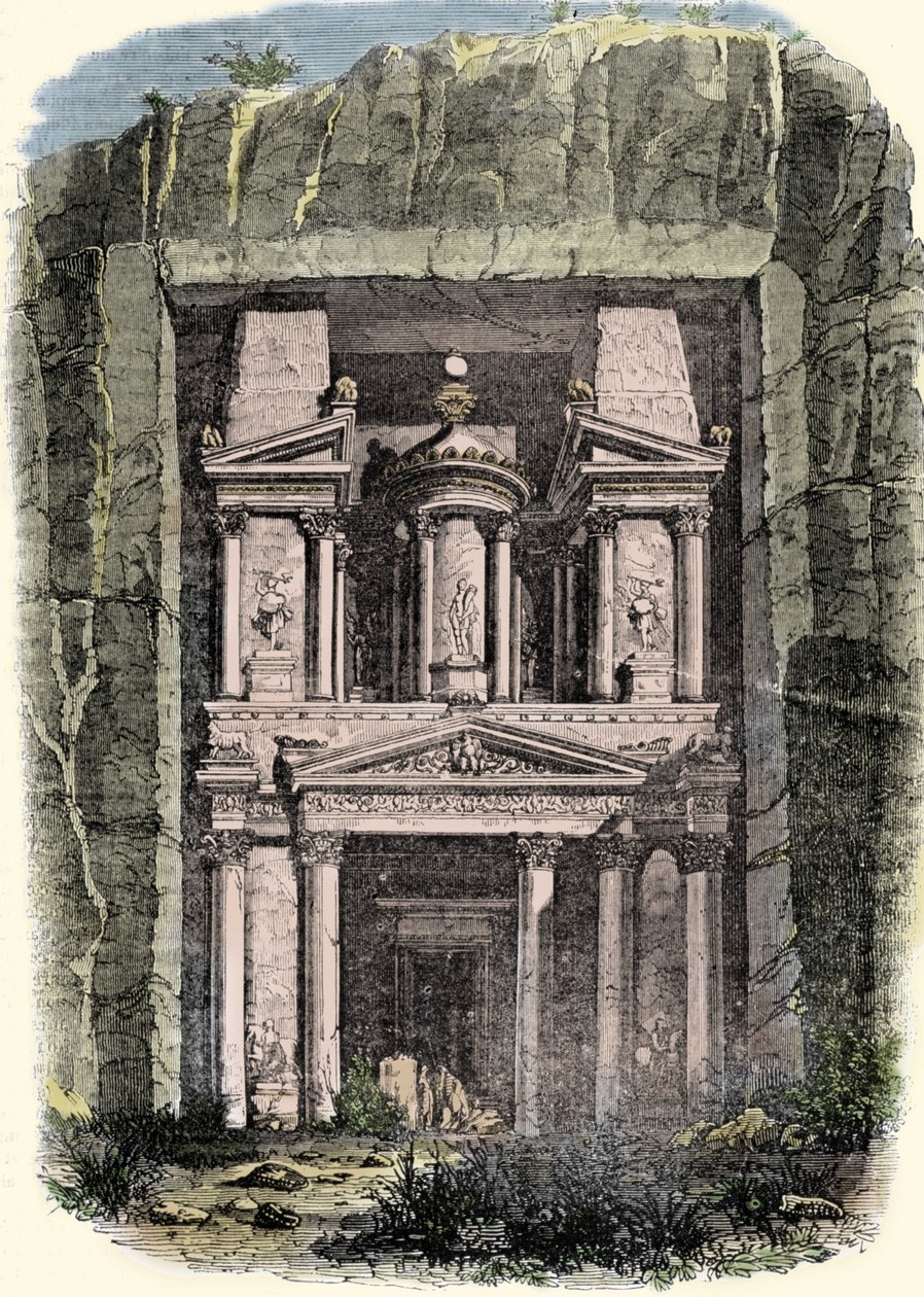 Utsikt over Khazneh (Tresor) i Petra i Jordan, tidligere hovedstad i Nabatean-riket. Gravering av 1800-tallet av Unknown artist