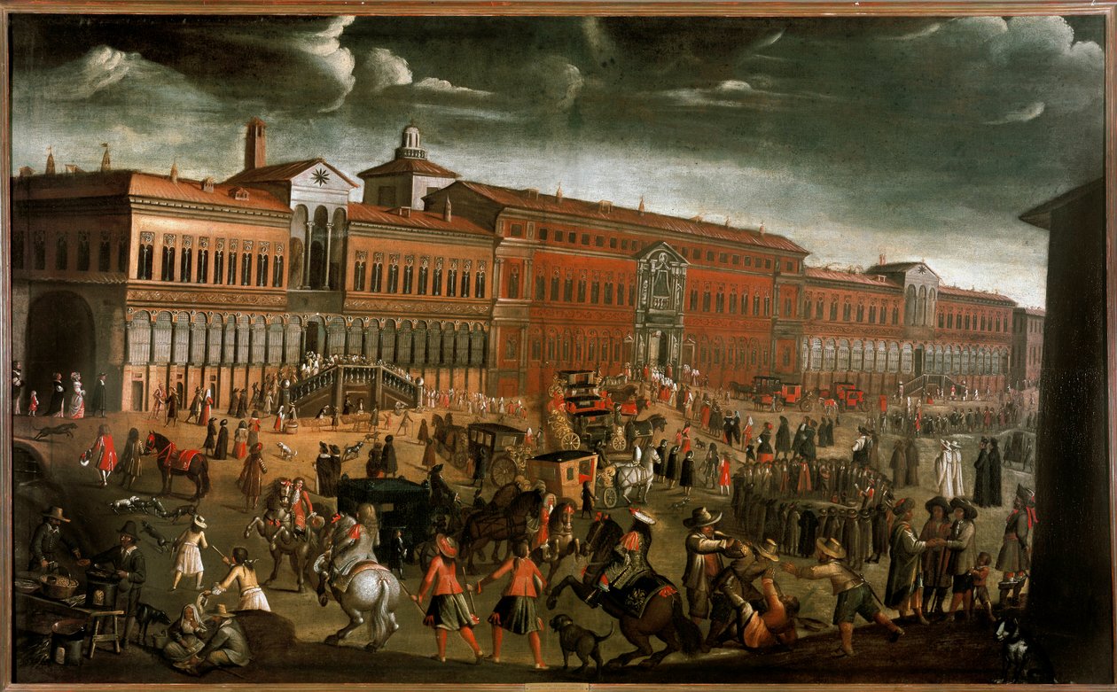 Utsikt over Ospedale Maggiore (Grand Hospital) på dagen for Fete of Forgiveness i Milano I dag er State University. Plassen er animert av selgere, lokalbefolkningen, tiggere, tyver og religiøse prosesjoner. Anonymt maleri rundt 1670-1780 Dim. 142 av Unknown artist