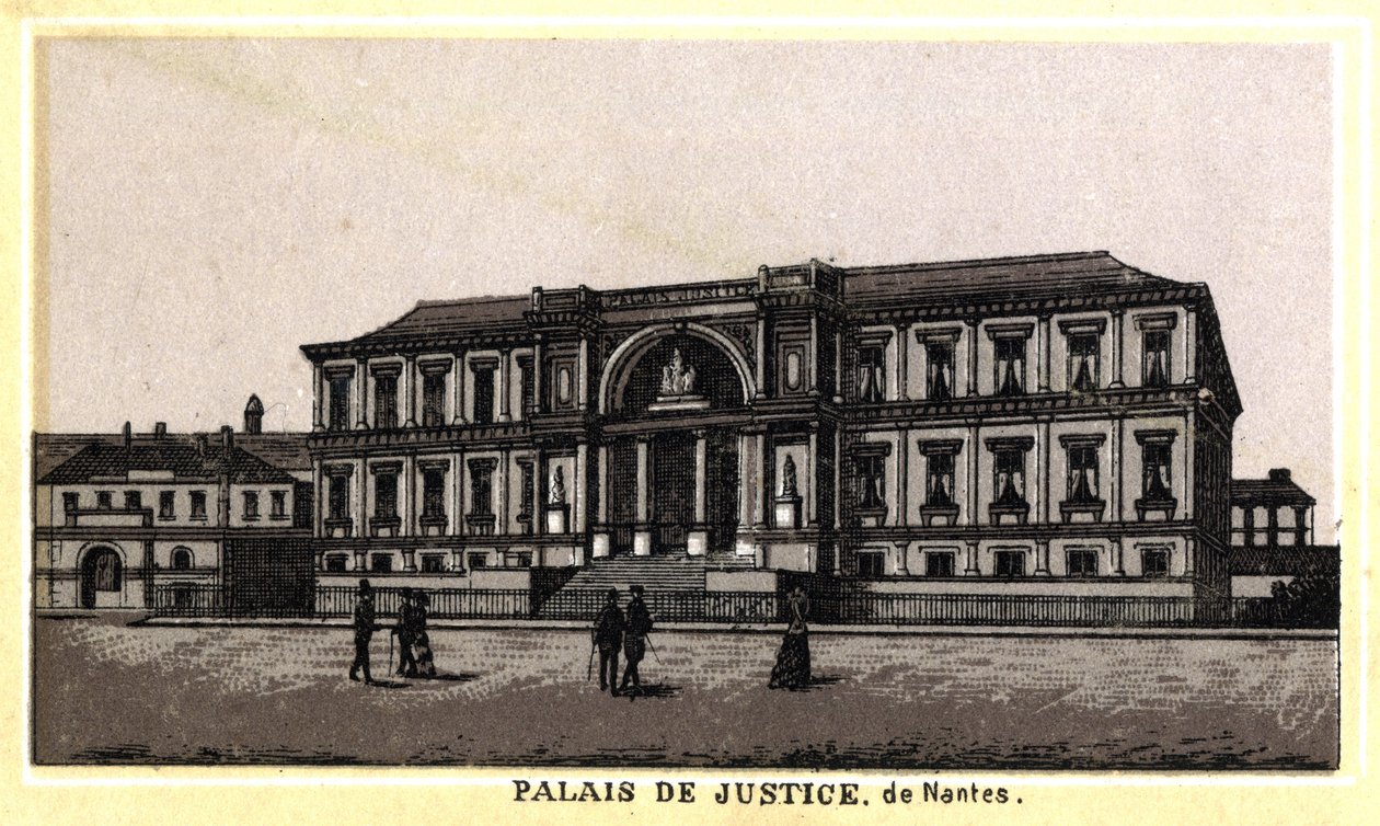 Utsikt over justispalasset i Nantes (Loire-Atlantique, Pays de la Loire), Frankrike. Kromolitografi fra slutten av 1800-tallet. av Unknown artist