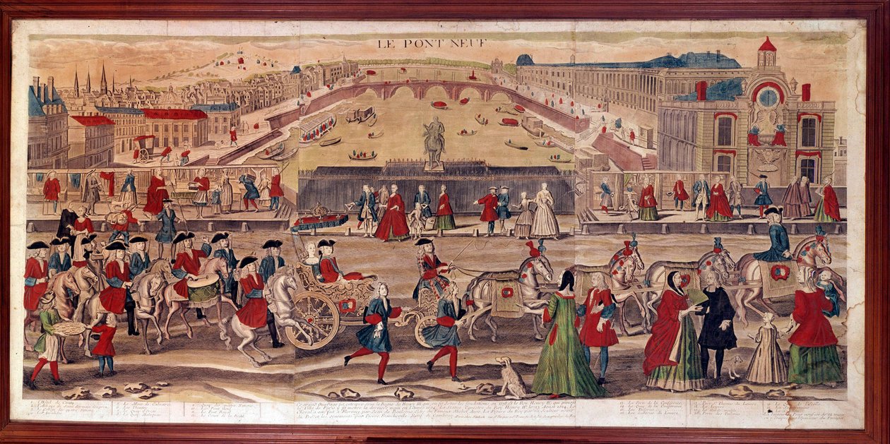 Utsikt over Pont-Neuf i Paris Du kan også se Hotel de Conty, klosteret Saint Germain des Pres, College of Four Nations, Invalides, Mont du Calvaire, Quai d