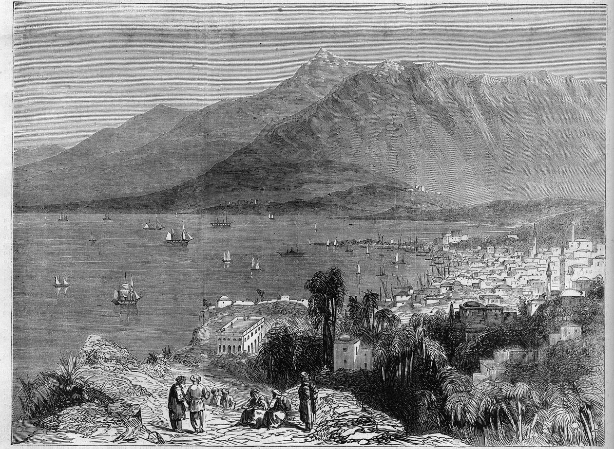 Utsikt over havnen i Beirut og fjellene i Libanon. Gravering i "" The Illustrious Universe"" av Unknown artist