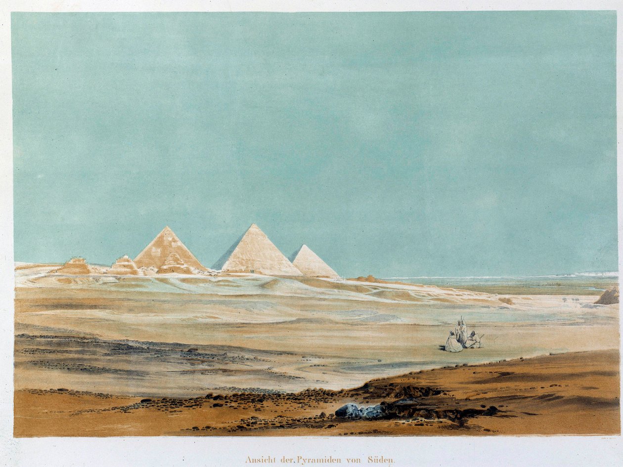 Utsikt over pyramidene i Giza (Giza, Giza, Giza), Egypt. Illustrasjon av Paris fra 1800-tallet, Frankrikes høyskole av Unknown artist