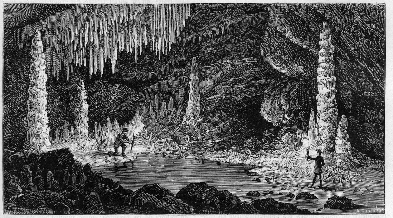 Utsikt over Reclere-hulen i Sveits. Gravering i "" Nature. Gjennomgang av vitenskap og dens anvendelser på kunst og industri. av Unknown artist