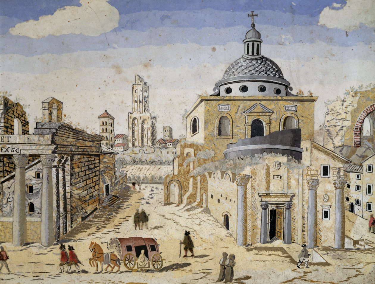 Utsikt over Forum Romanum, slutten av 1600-tallet, scagliola på terrakottastøtte. Detalj av Unknown artist