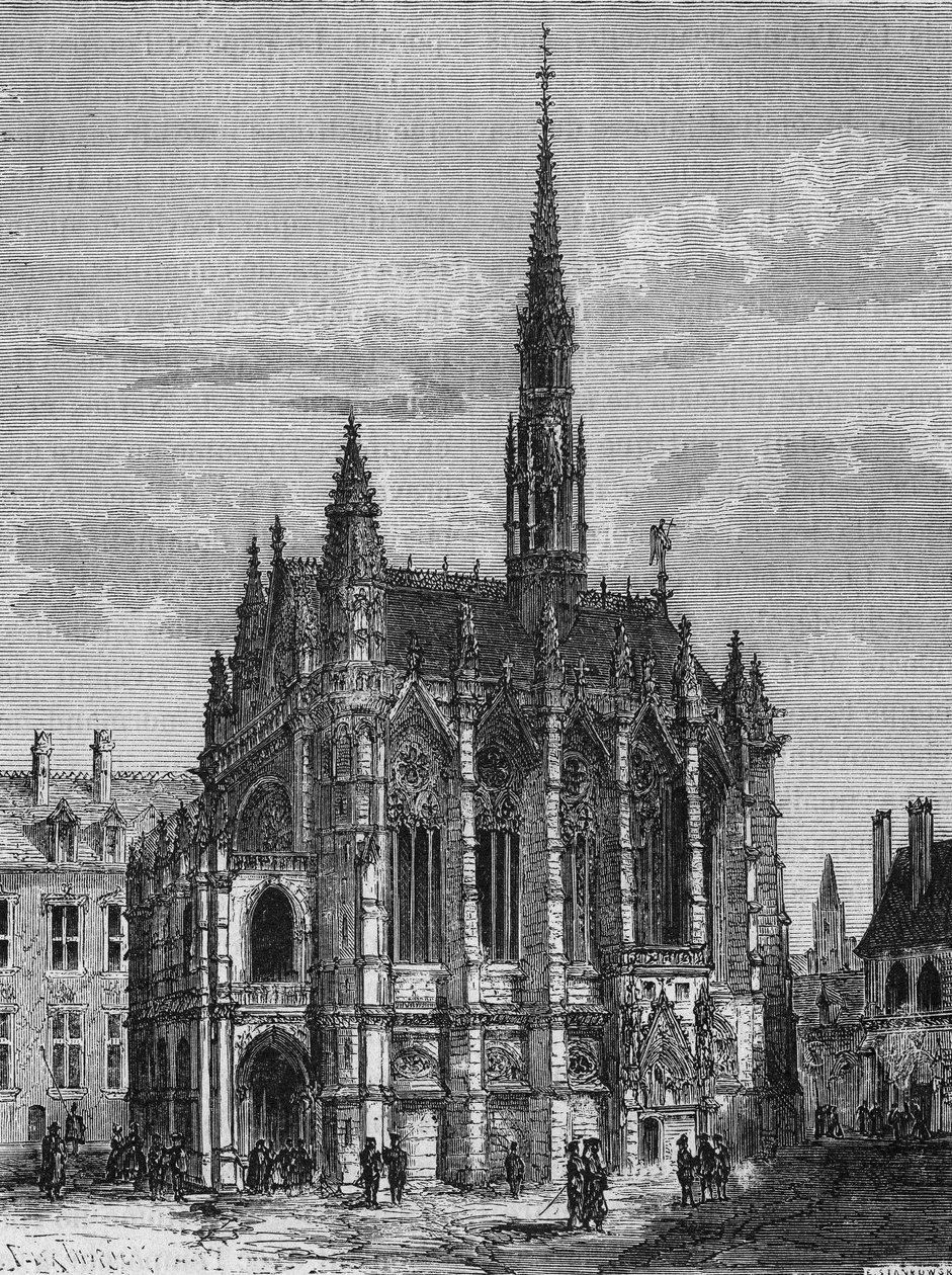 Utsikt over Sainte Chapelle-kirken i Paris. Gravering fra L