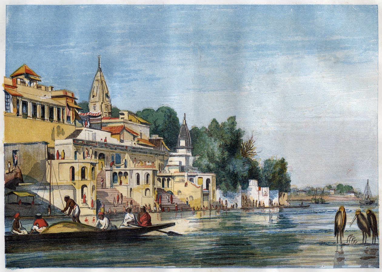 Utsikt over Sutti Chowra Ghat på Ganges, i Cawnpore (Kanpur), India i 1857. av Unknown artist