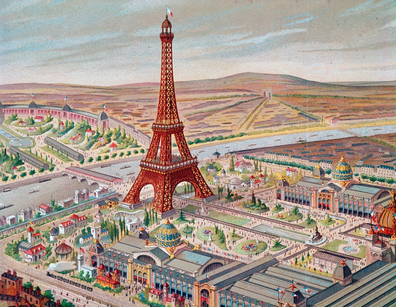 Utsikt over verdensutstillingen med de forskjellige paviljongene og Eiffeltårnet av Unknown artist