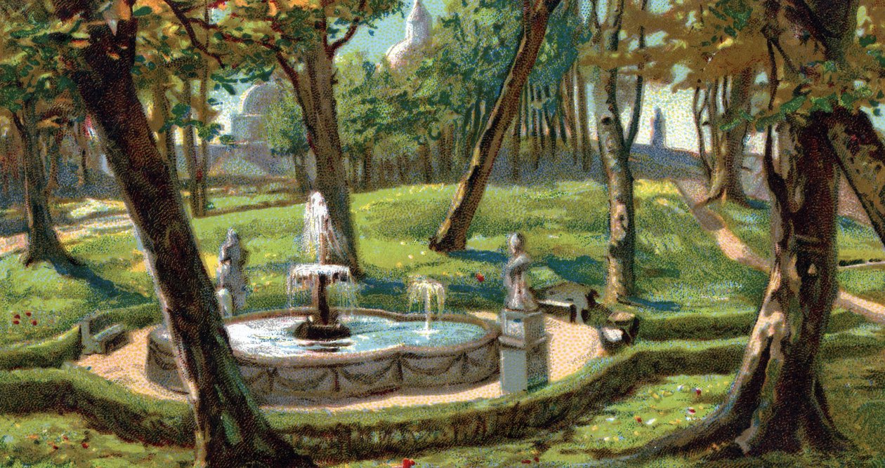 Utsikt over Vatikanstatens hager, Roma, Italia (Utsikt over Vatikanstatens hager, Italia) Kromolitografi fra 1930-tallet Privat samling av Unknown Artist
