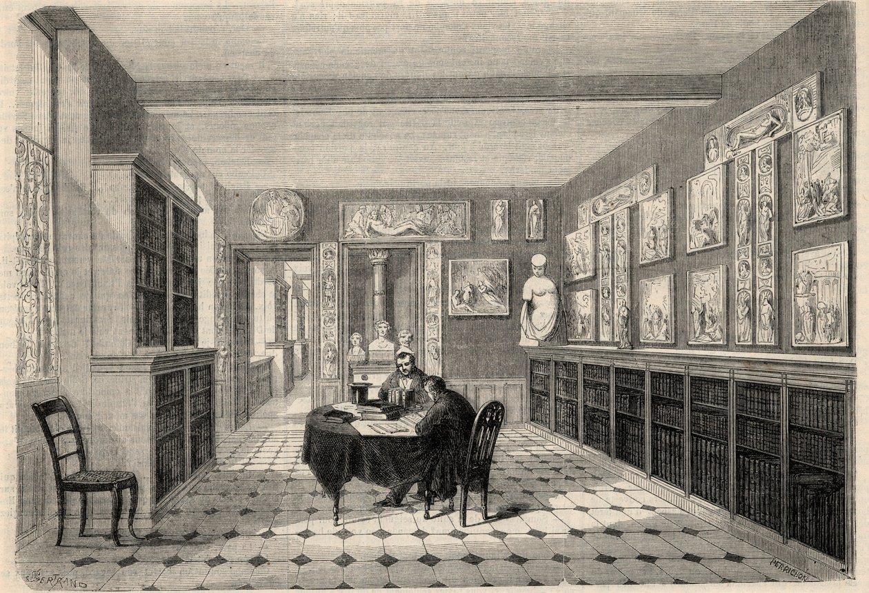 Utsikt over Victor Cousin-biblioteket ved Sorbonne-universitetet i Paris. Gravering i "" L