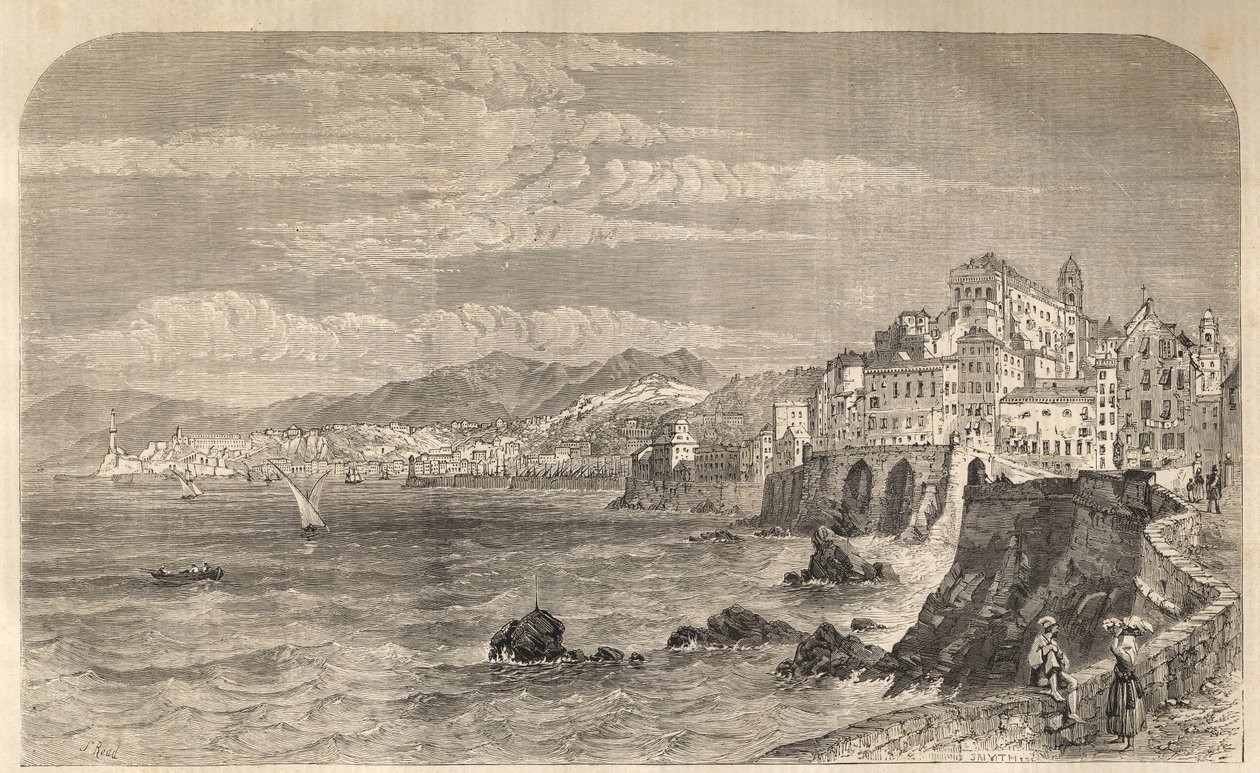 Utsikt over den gamle havnen i Genova - Utsikt over havnen i Genes - Genova no 1861 - Gravering av Unknown artist