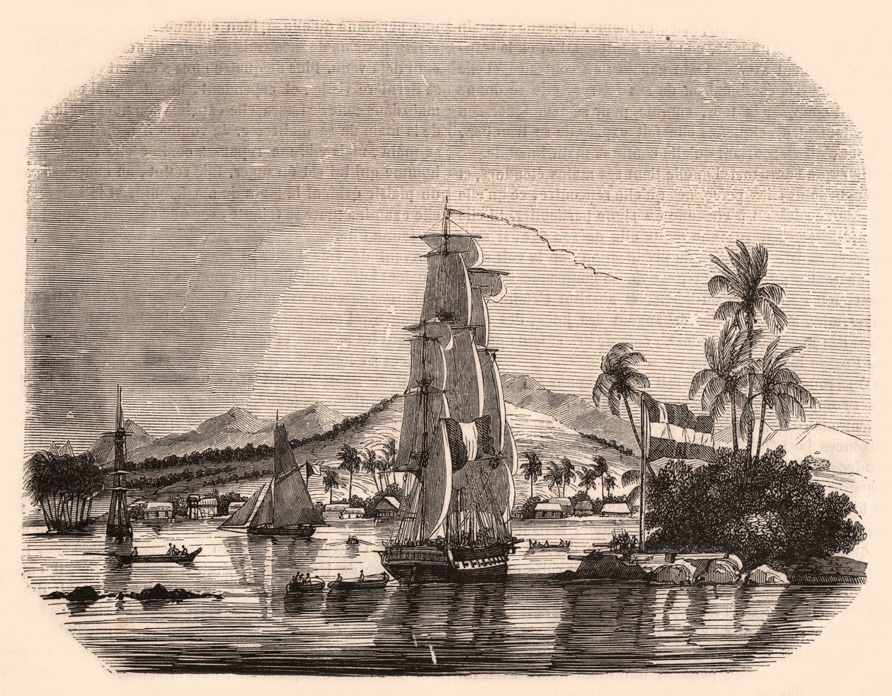 Utsikt over bukten Papeete og blokken Queen, Tahiti, Fransk Polynesia og i forgrunnen seilbåter og båter av Unknown