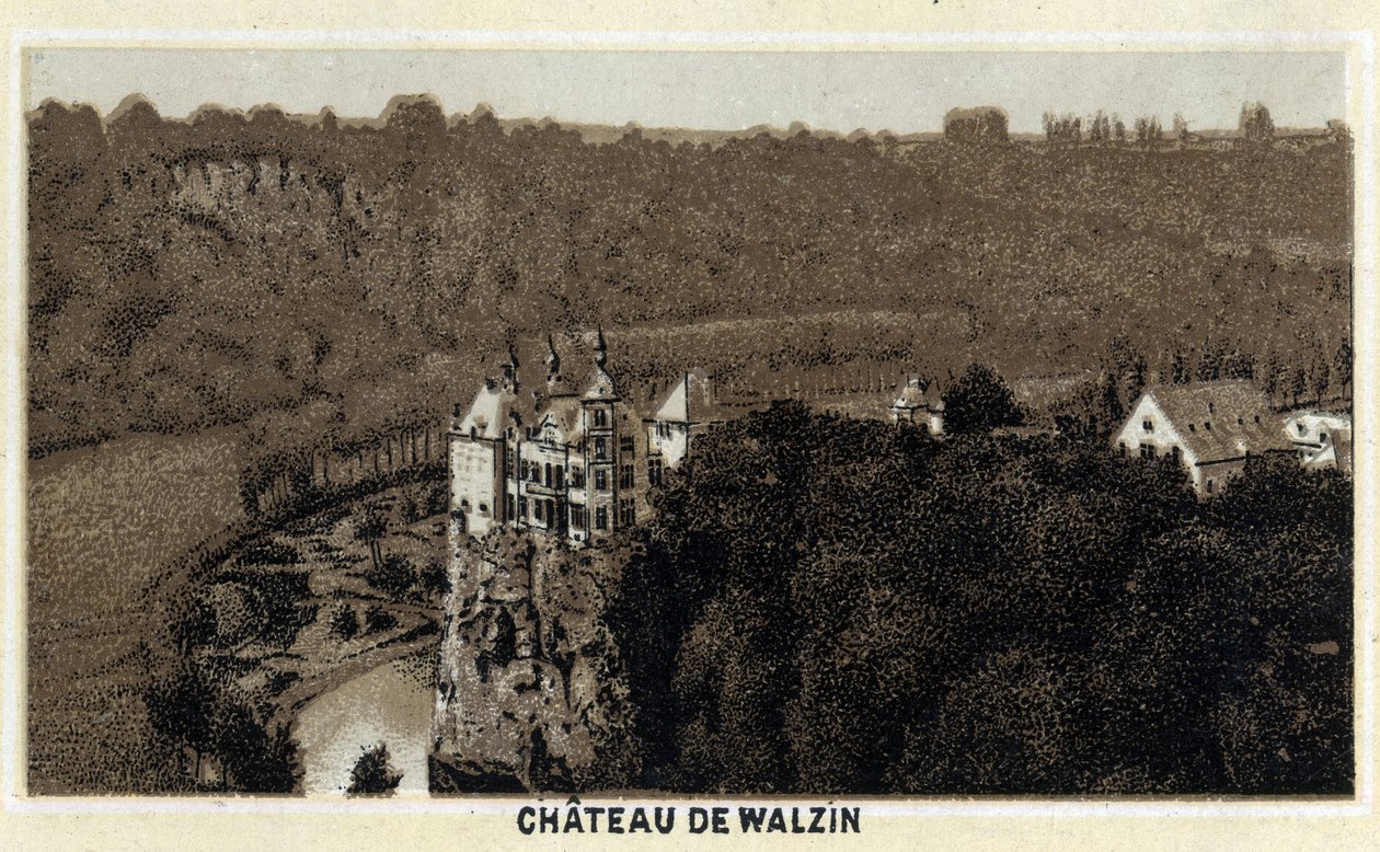 Utsikt over slottet Walzin i Wallonia (Belgia) ved bredden av elven Lesse. Kromolitografi fra slutten av 1800-tallet. av Unknown artist