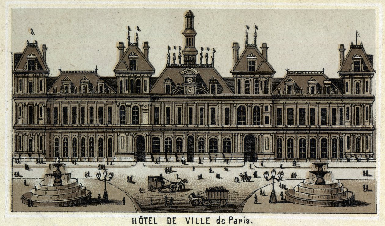 Utsikt over rådhuset i Paris og Place. Kromolitografi fra slutten av 1800-tallet. av Unknown artist