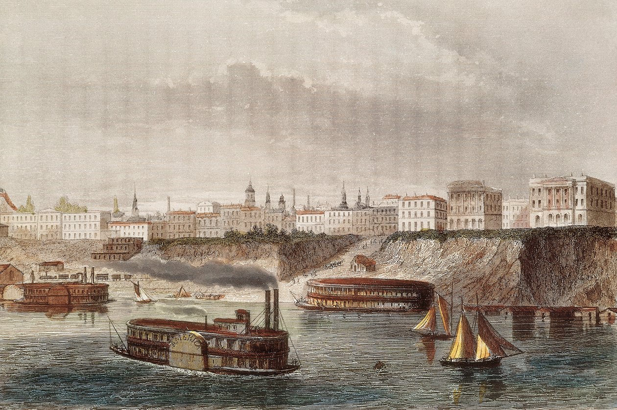 "" Utsikt over byen Cincinnati og elven med samme navn i Ohio "" Damp- og hjulbåter seiler. Gravering av 1800-tallet av Unknown artist