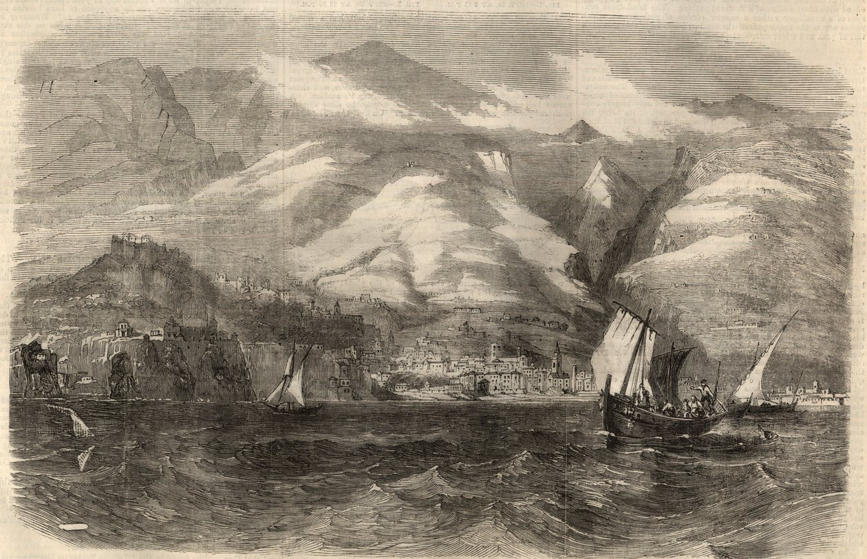 Utsikt over byen Funchal på øya Madere (Madeira) i Portugal. Gravering i "" The Illustrated London News"" av 29. februar av Unknown artist