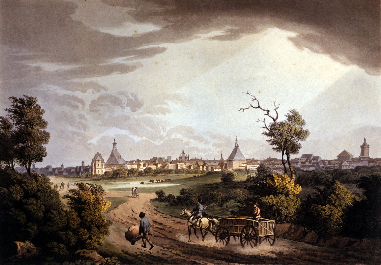 Utsikt over byen Leipzig i Tyskland. Litografi fra rundt 1820. av Unknown artist