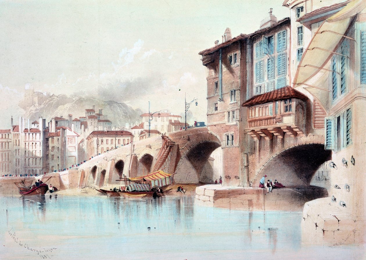 Utsikt over byen Lyon og Pont de Charge. Akvarell fra 1837. Paris, B.N. av Unknown artist