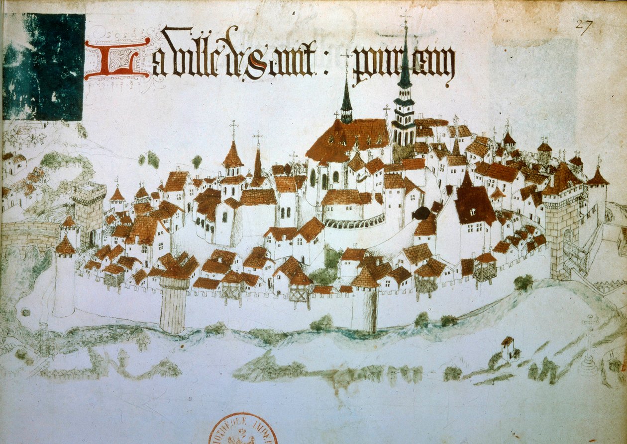 Utsikt over byen Saint Pourcain sur Sioule i Allier i Auvergne. Miniatyr fra et manuskript fra 1400-tallet. B.N. Paris av Unknown artist
