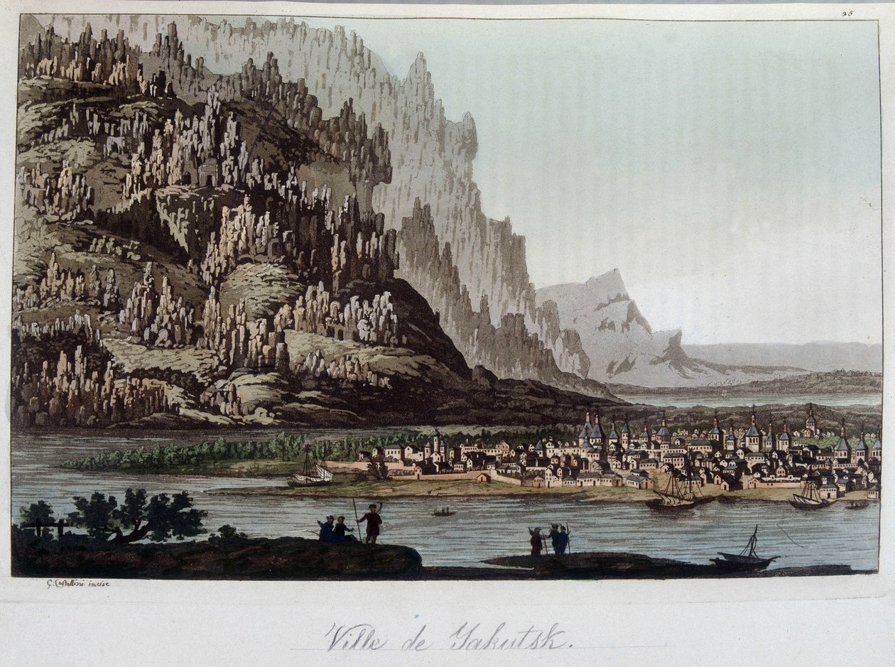 Utsikt over byen Yakutsk i Russland. I "" Den gamle og moderne drakten"" 1819-1820, av Ferrario. av Unknown artist