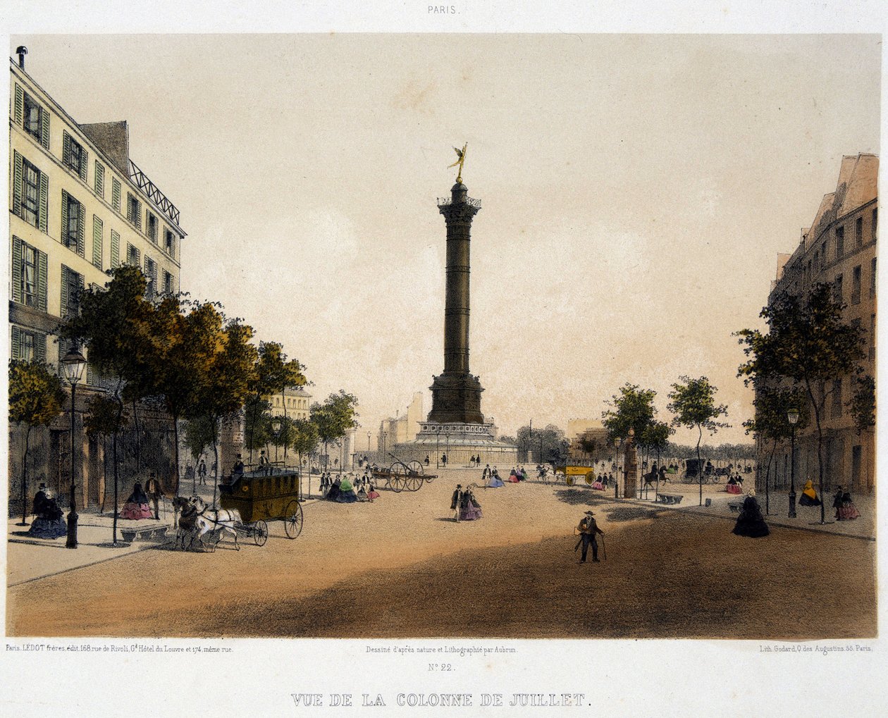 Utsikt over søylen i juli (Place de la Bastille) fra Boulevard Beaumarchais - litografi av Unknown artist