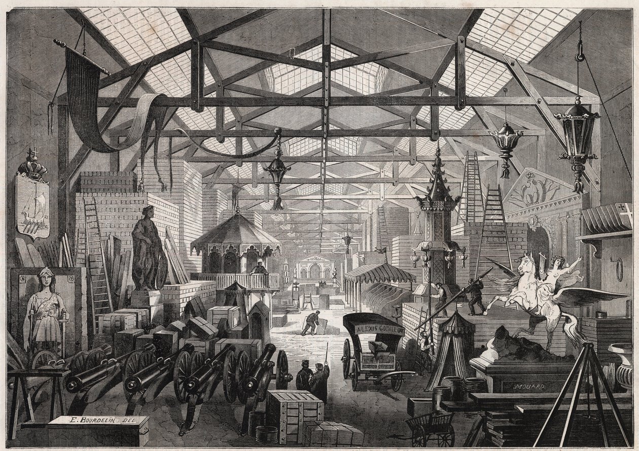 Utsikt over byggeverkstedene til Eugene Delessert, selskap som organiserer offentlige fester, avenue Dauphine a Paris - Gravering i "" Le Monde Illustré"" av Unknown artist