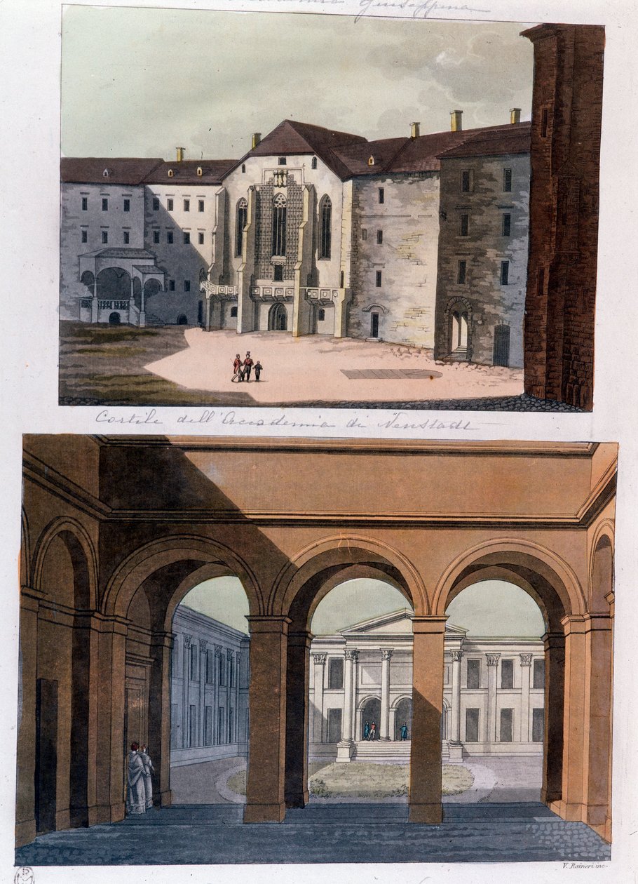 Utsikt over gårdsplassen til Academie de Neustadt og de offentlige badene i Wien. Østerrike Gravering fra 1826 privatsamling av Unknown artist