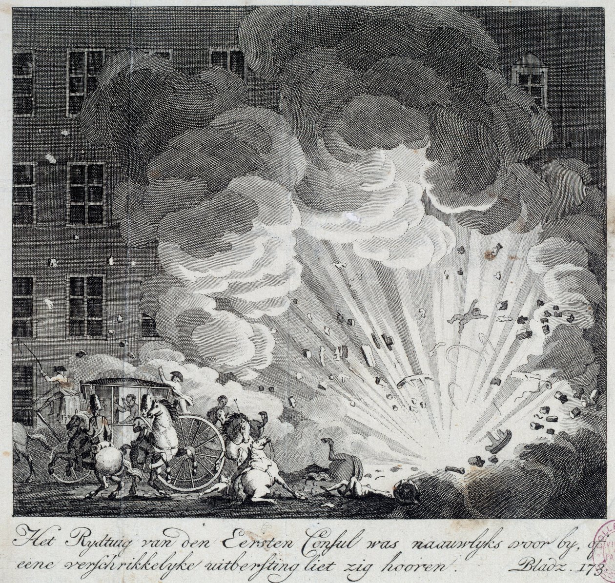 Utsikt over eksplosjonen av den infernalske maskinen i rue Saint Nicaise i Paris på 3. nivose an IX. Konspirasjonen til den infernalske maskinen er en konspirasjon for å drepe Napoleon Bonaparte, den nye førstekonsulen etter statskuppet 18. Brumaire. En in av Unknown artist