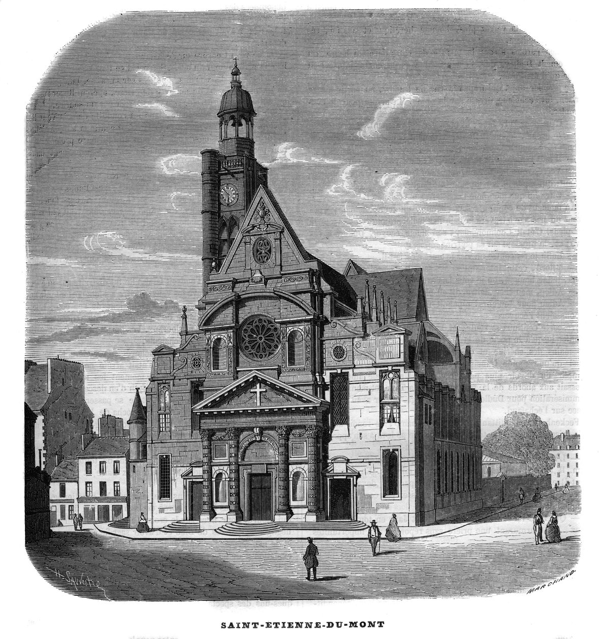 Utsikt over fasaden til kirken Saint-Etienne-du-Mont, Place Sainte-Genevieve (Saint Etienne du Mont) i Paris i 5. arrondissement i 1858. av Unknown artist