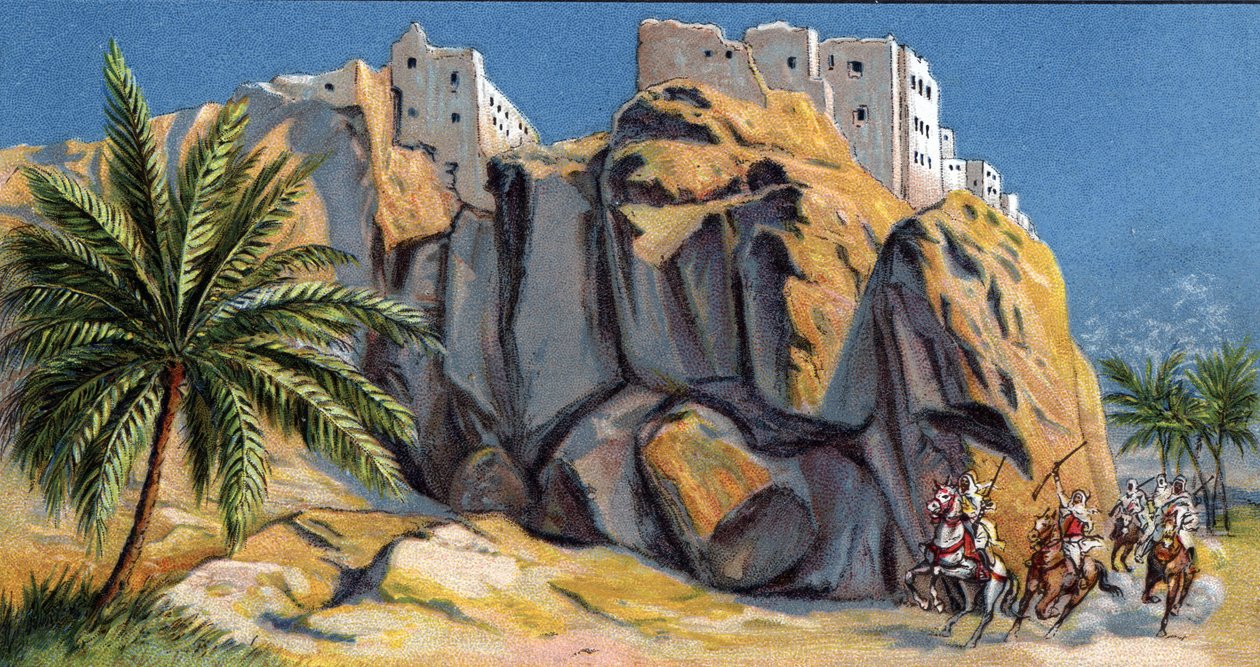 Utsikt over den befestede byen Al-Hadjaren (Alhadjaren), Jemen (Utsikt over Al Hadjaren, Jemen) Kromatografi fra 1930-tallet Privat samling av Unknown Artist