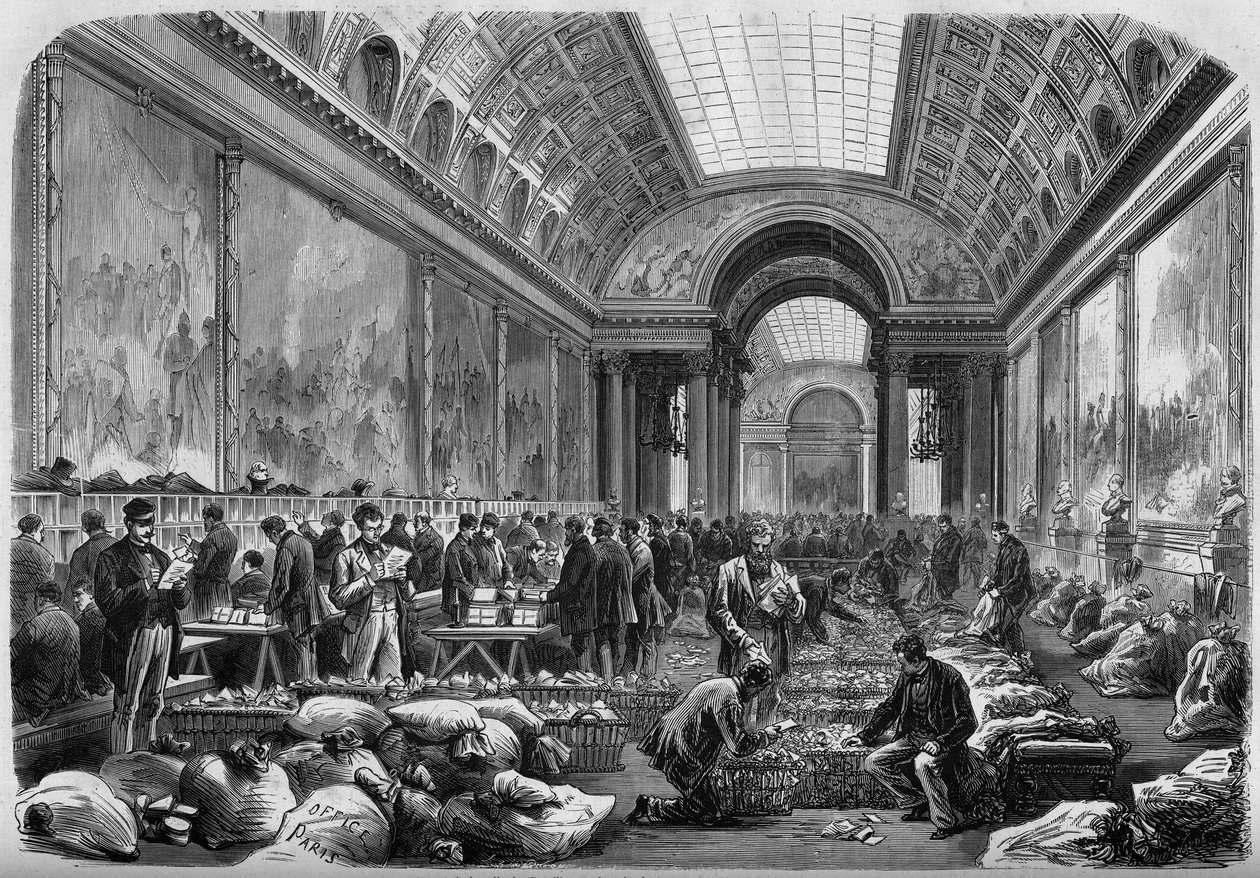 Utsikt over galleriet over kampene i slottet i Versailles, hvor postkontoret er installert av Unknown artist