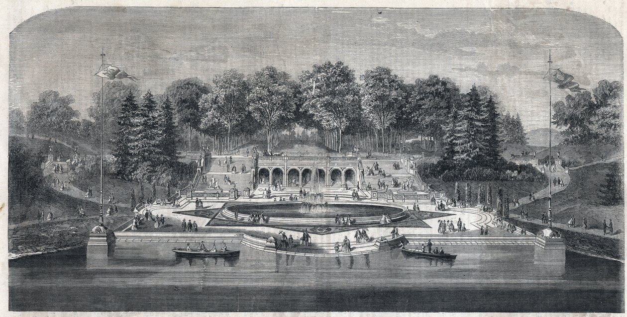 Utsikt over hagen "" Central Park"" i New York, USA. Arkitektur av Frederick Law Olmsted (1822-1903) og (1824-1895) i Manhattan-distriktet. Gravering i "The Illustrious Universe" av Unknown artist