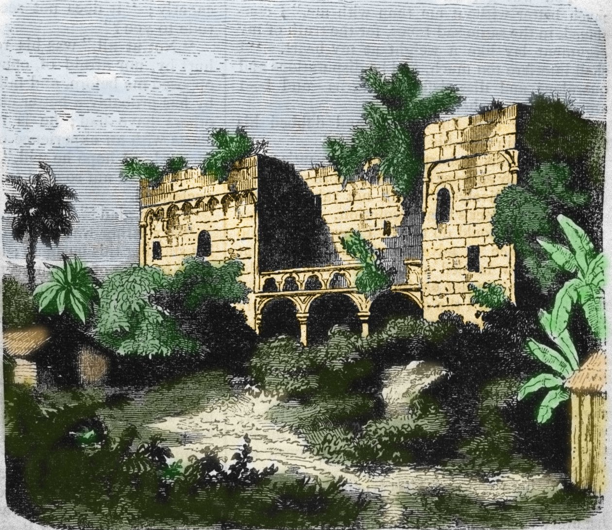 Utsikt over huset "" Alcazar de Colón"" bygget av Christopher Columbus for sønnen Diego Columbus (Diego Colon y Moniz) (1480-1526), på en øy i Santo Domingo. Gravering av 1800-tallet. av Unknown artist