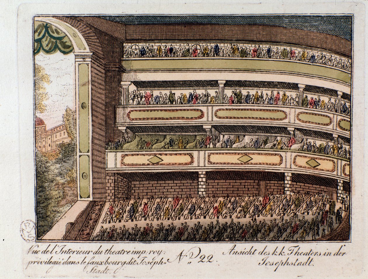 Utsikt over det indre av Imperial Theatre i Josephstadt-distriktet i Wien. Østerrike (innvendig utsikt over det keiserlige teateret i distriktet Josephstadt i Wien, Østerrike) Gravering fra 1815 Privat samling av Unknown artist