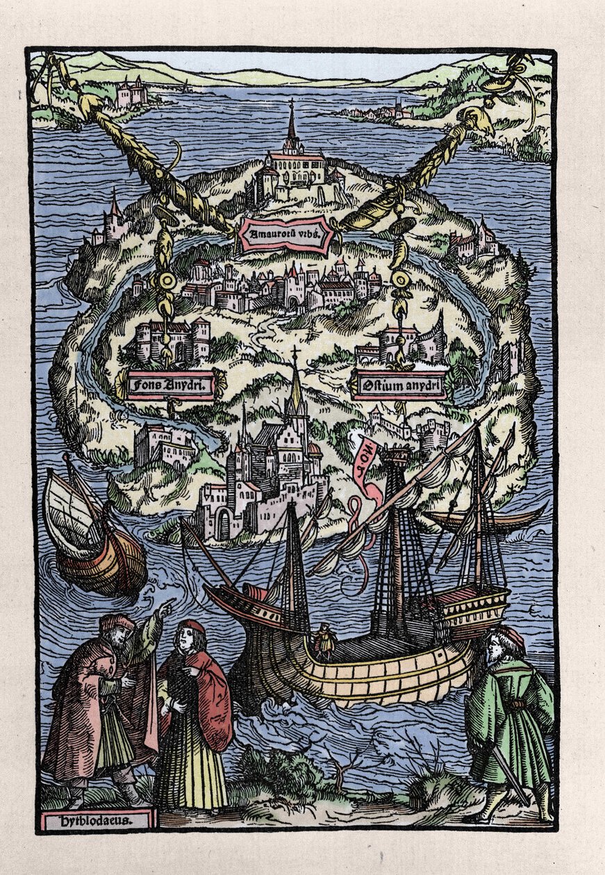 Utsikt over øya Utopia (Utopia) fra boken til Thomas More (1478-1535), "" Den optimale statusen til republikken som nylig isolerer Utopia". Gravert av Johann Froben. 1518. av Unknown artist