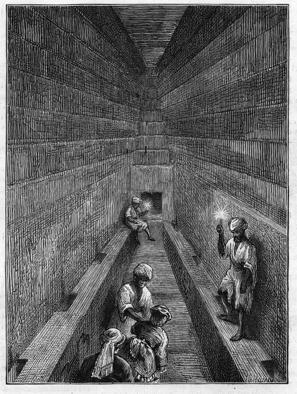 View of the large gallery of the pyramid of Kheops (Cheops, Keops, Khoufu, Khufu) in Guizeh (Guiseh, Giza, Giza), Egypt av Unknown artist