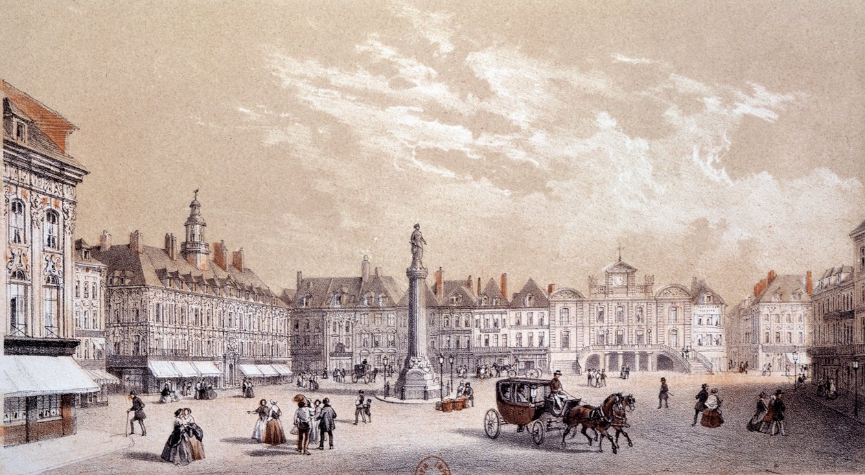 Utsikt over det store torget i byen Lille. Gravering av Paris fra 1800-tallet, B.N. av Unknown artist