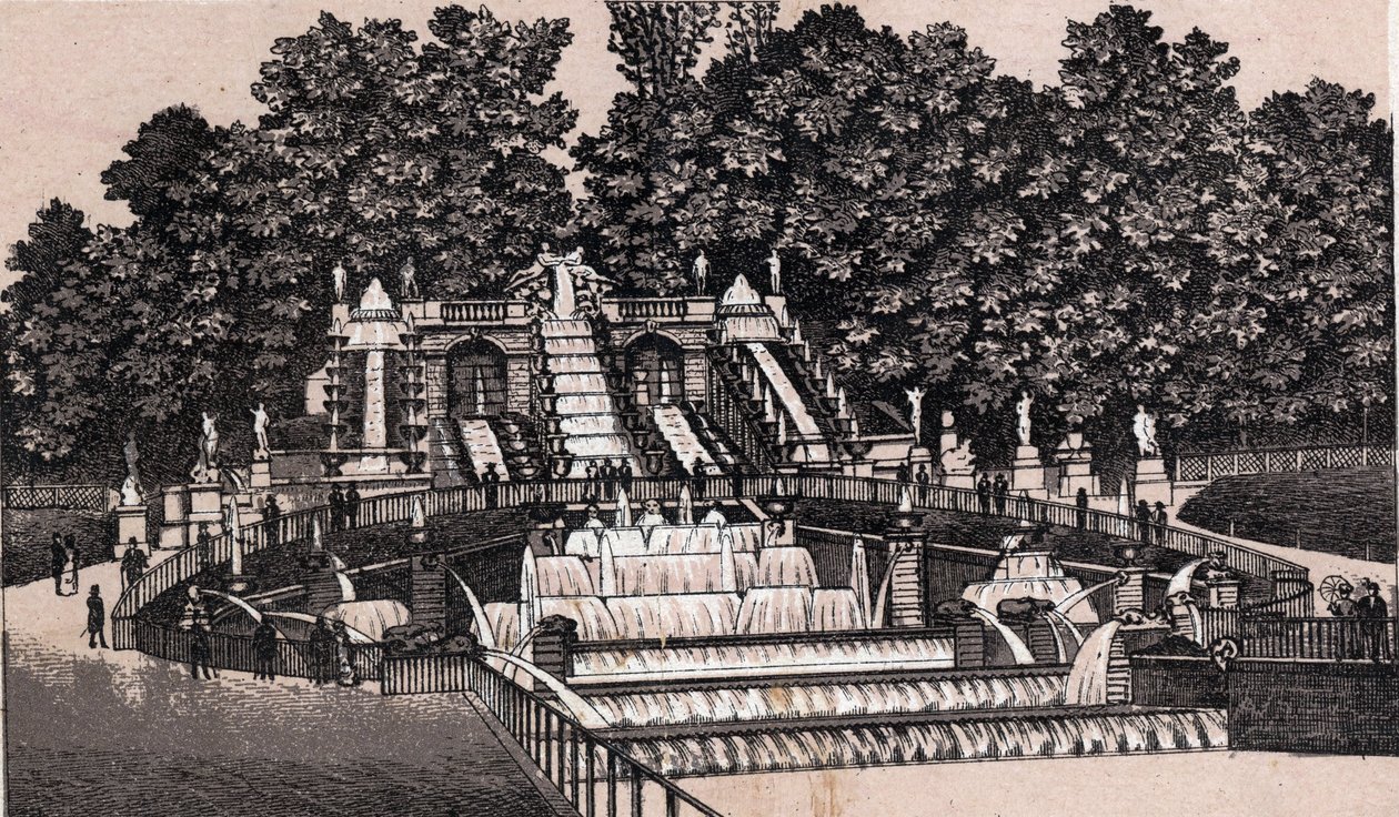 View of the large waterfall in the park of Saint Cloud (Saint-Cloud), France. in “” The world illustrates 168 views”” Undated (end 19th century) av Unknown artist