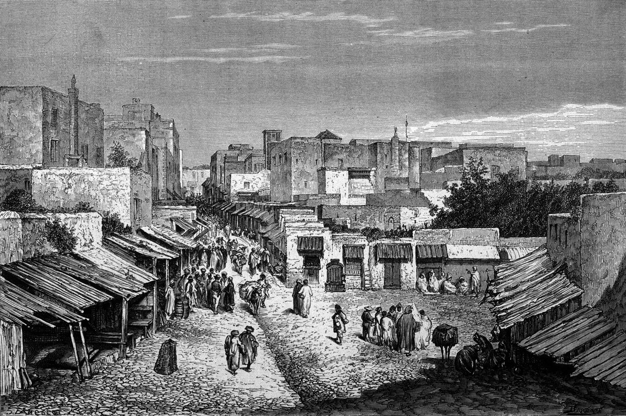 Utsikt over hovedveien til den befestede byen Tanger og kysten, Marokko. Gravering av 1800-tallet. av Unknown artist