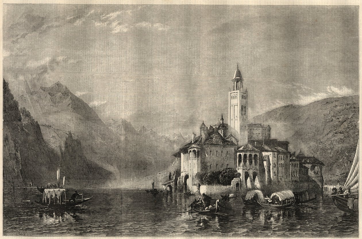 Utsikt over klosteret Mater Ecclesiae på øya Saint Jules (Saint Jules) (San Giulio) ved Ortasjøen (Lake Cusio) i Italia. Gravering etter et maleri av William Collingwood Smith (1815-1887). I «The Illustrated London News» av 22. mars av Unknown artist