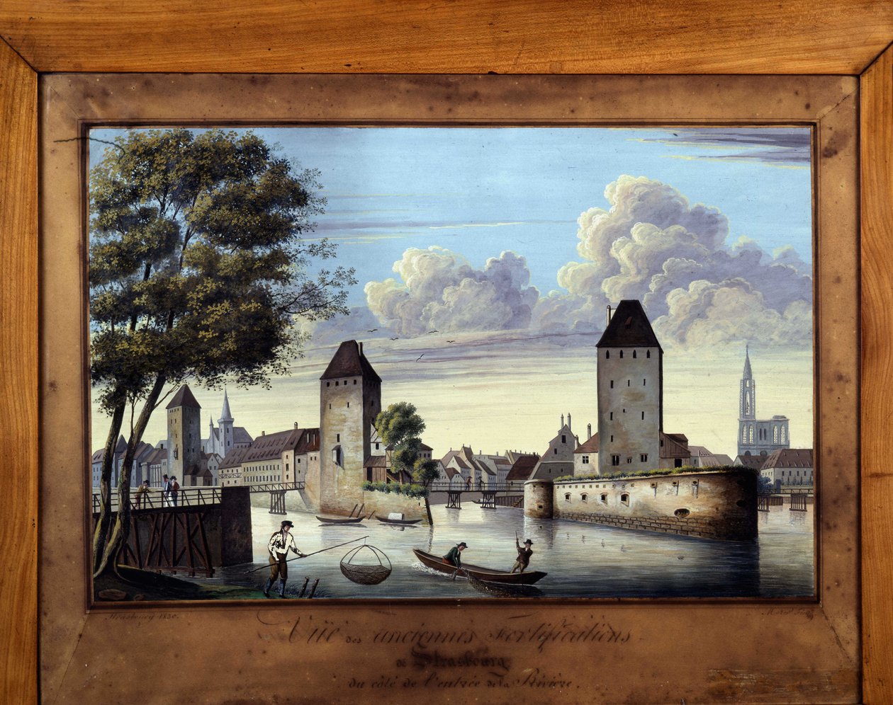 Utsikt over de gamle festningsverkene i Strasbourg på siden av elveinngangen - maleri på glass av Unknown artist