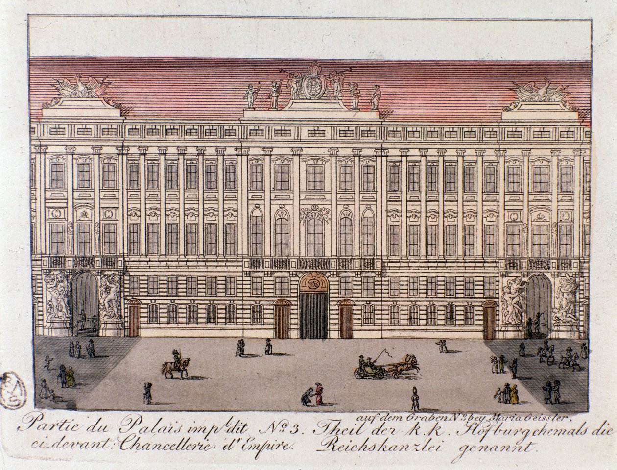 Utsikt over delen av det keiserlige palasset som heter Imperiets kansler i Wien. Østerrike. Gravering fra 1815 privatsamling av Unknown artist