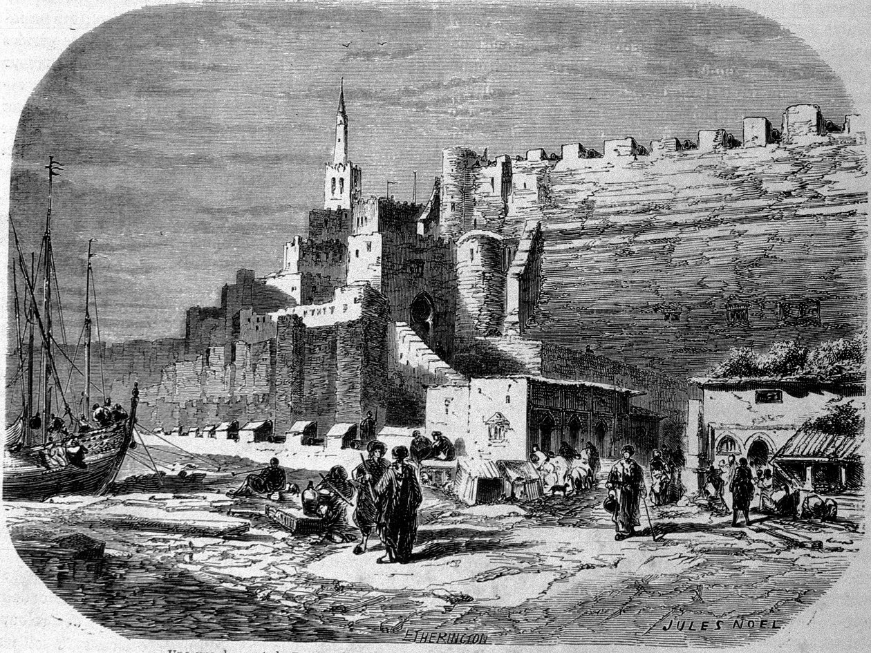 Utsikt over havnen i den befestede byen Tanger og kysten, Marokko. Gravering fra 1860. av Unknown artist
