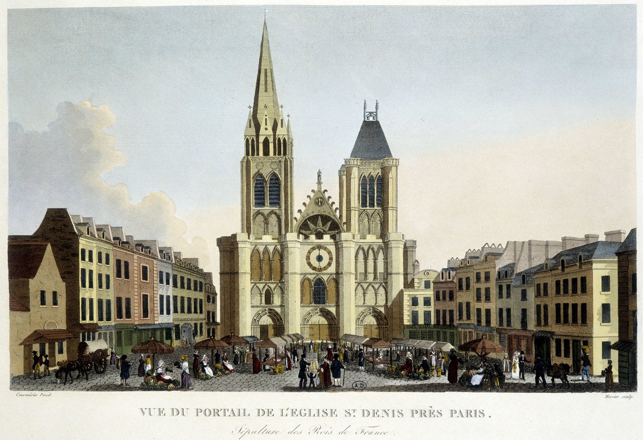 Utsikt over portalen til kirken St Denis, nær Paris, begravelse av kongene av Frankrike, og marked på torget - i "Paris par Courvoisier"" av Unknown artist