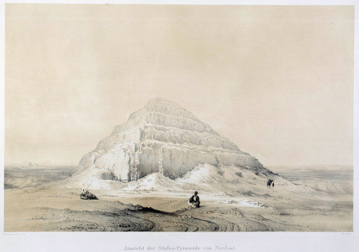 Utsikt over pyramiden i Saqqarah (Sakkarah). Egypt. Illustrasjon av Paris fra 1800-tallet, Frankrikes høyskole av Unknown artist