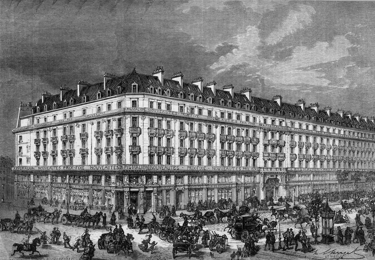 Utsikt over butikkene i "" Pygmalion""" rue de Rivoli og boulevard Sebastopol i Paris i 1872. av Unknown artist