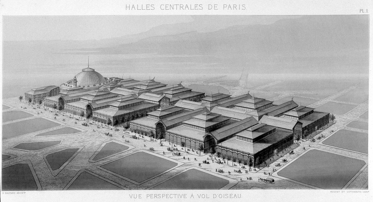 Utsikt over himmelen til de sentrale hallene i Paris (Balard-paviljonger) - Monografi av de sentrale hallene i Paris, av V. Balard av Unknown artist