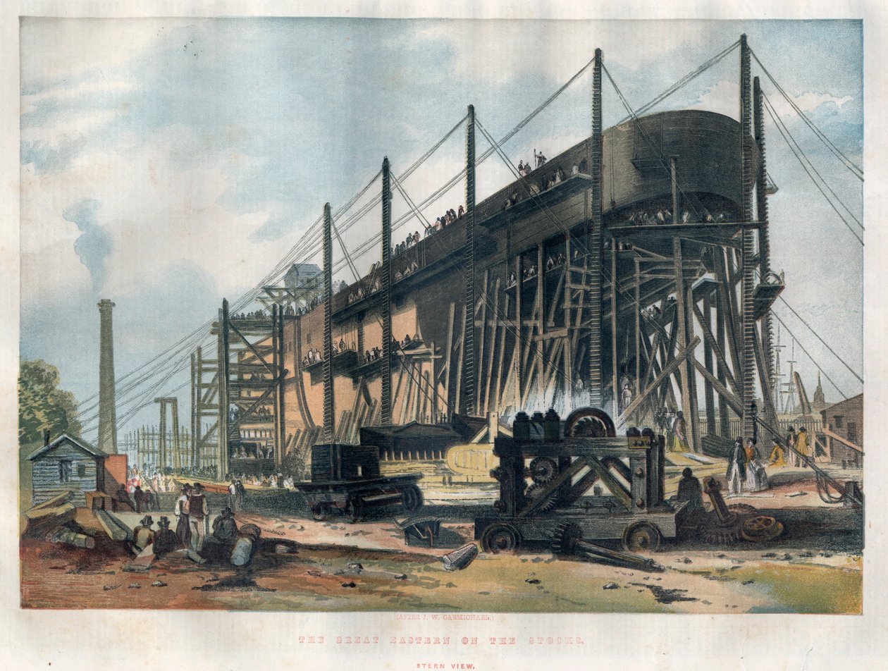 Utsikt over akterenden av det transatlantiske ruteskipet «Great Eastern» (Leviathan) under bygging ved Thames-verftet i London. Gravering i "" The illustrated London News "" av 7. november 1857. av Unknown artist