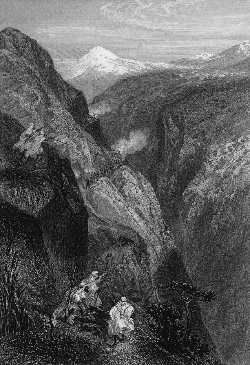 Utsikt over teniah av Mouzaìa, passet av Atlasfjellet krysset av den franske hæren i 1830, i Algerie på 1800-tallet, i «L